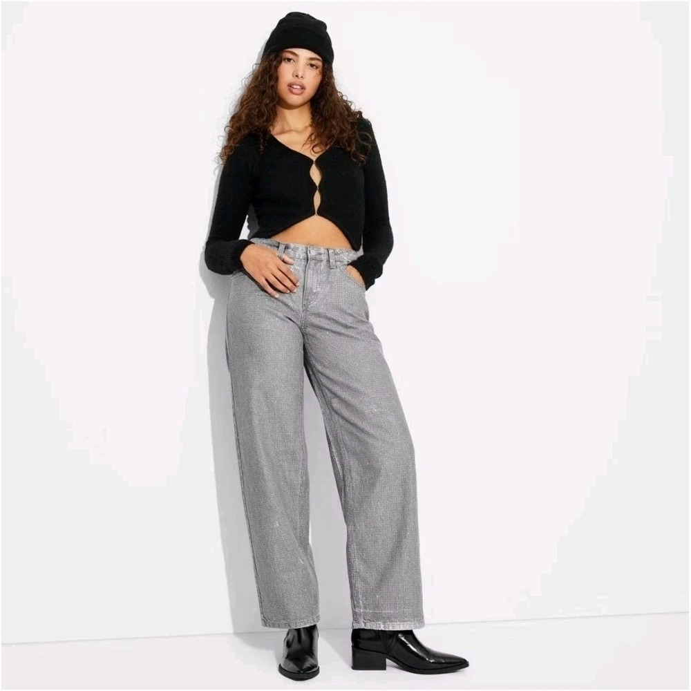 Wild‎ Fable NWT 4 High Rise Wide Leg Glitter Jeans Gray Silver Sparkle Party Fun
